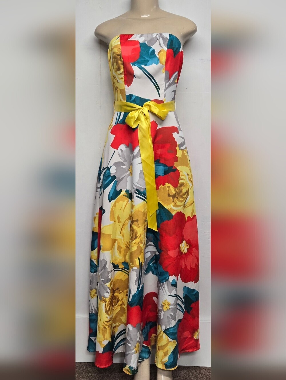 Shein 4 Gown Dress Maxi Strapless Bold Colorful Floral Flare Ribbon Tie
